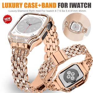 Bling Diamond En Acier Inoxydable Refit Mod Kit Étui De Protection Band Strap Cover Pour Apple Watch Series 8 7 6 5 4 SE 40mm / 41mm