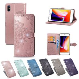 Bling Diamond portemonnee lederen hoesjes voor iPhone 15 14 13 12 11 Pro XS MAX XR X 8 7 6 Samsung S23 Ultra Lace Datura kaartsleuf Opdruk bloem luxe houder cover glanzend PU-zakje