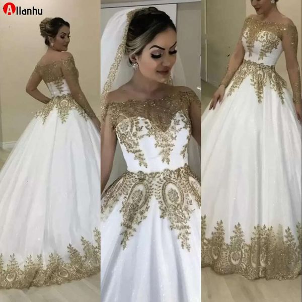 Bling Dubaï Robes De Mariée En Or Blanc Robes De Mariée Formelles Sheer Manches Longues Épaule Bateau Cou Appliqué Paillettes Scintillantes Paillettes Dentelle J