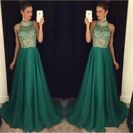 Bling Smaragdgroen Prom Dresses Lange 2022 Hoge Hals Kristal Kralen Formele Vrouwen Avondjurken Sheer Een Lijn Chiffon Party dress219l