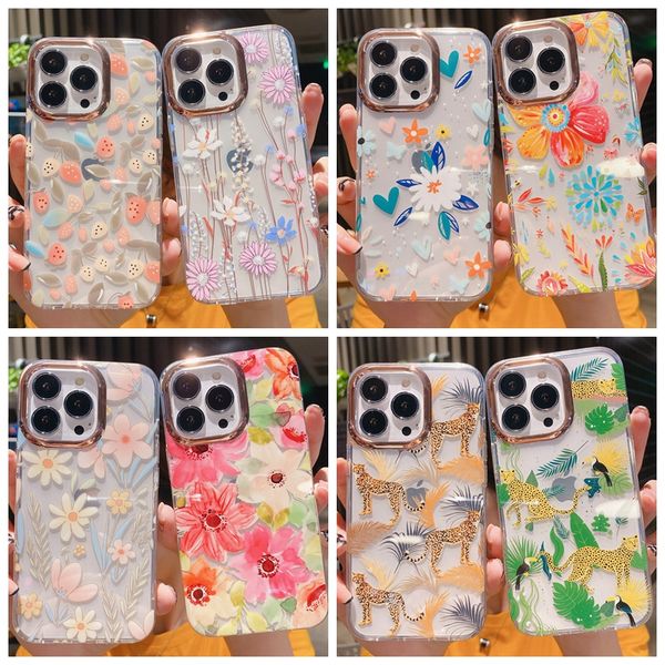 Bling Flower Shell Soft IMD TPU Fundas para iPhone 15 14 Plus 13 Pro MAX 12 11 Iphone15 Moda Bling Cromado Chapado Metálico Claro Leopardo Floral Cubierta trasera del teléfono móvil