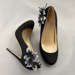 Bling Flowers Flock High Heels Round Toe's Femy's Party Night Club Chaussures Club Shiny Slip sur les chaussures Femme Big Taille 33-45