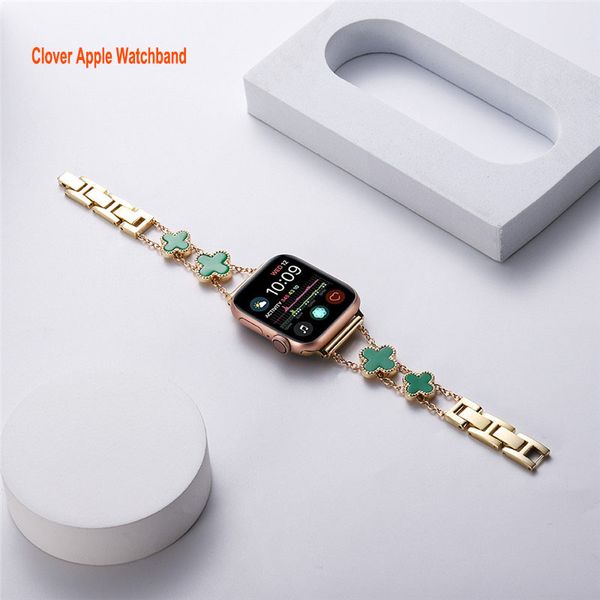 Bling Four-leaf Clover Charms Bands correas Compatible con Apple Watch 45 mm 41 mm Band 38 mm 40 mm 42 mm 44 mm Ajustar correas de pulsera para mujer para iWatch Series 7 6 5 4 3 2 1 SE7