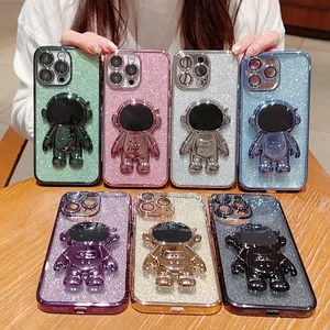 Bling Glitter Astronaut Telescopische vouwstand Pating Cases Cameralens Flim Glass Standkingshokdekte voor iPhone 14 13 12 11 Pro Max X XS XR XS Mini