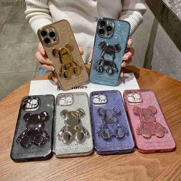 Bling Glitter Case Phone Case para iPhone 14 13 12 11 Pro Max XR X XS Max 7 8 Plus Luxury Plating TPU Shining Cover 3D Bear L230619