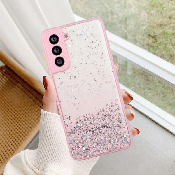 Bling Glitter Epoxy Starry Sky Clear Cases Soft TPU Camera Protector Antichoc pour Samsung S21 FE S22 S23 Ultra Plus A13 A23 A33 A53 A73 A14 A34 A54 A24 A04 A03 Core