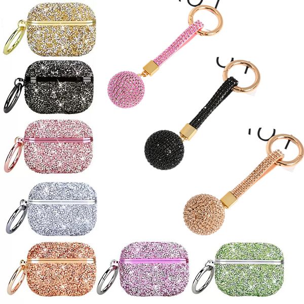 Bling Glitter Full Diamond Plating Accessoires pour casque sans fil Étui de protection antichoc avec boule suspendue Crochet porte-clés pour AirPods 1 2 Pro 3 Pro2 Airpods3