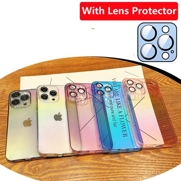 Bling Glitter Dégradé Coloré Aurora Laser Transparent Souple TPU Étuis Antichoc Avec Caméra Objectif Film Protecteur pour iPhone 15 14 13 12 11 Pro Max