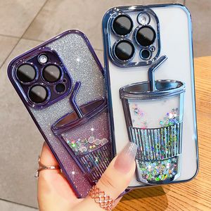 Bling glitter vloeistof drijfzand melkthee clear pating cases zachte tpu siliconen schokbestendige hoes met cameralens filmbeschermer voor iPhone 15 14 13 12 11 pro max max