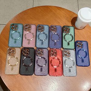 Cajas magnéticas del teléfono del brillo de Bling para Iphone 14 Plus Pro Max 13 12 11 CD Papel metálico Sparkle Soft TPU Fine Hole Camera Lens Protector Skin