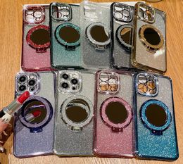 Bling Glitter Magnetisch Draadloos Oplaadhoesje voor Iphone 15 Plus 14 Pro Max 13 12 11 Samsung S24 S23 S22 Ultra Spiegel Diamant Verchroomd Zacht TPU Kickstand Houder Cover