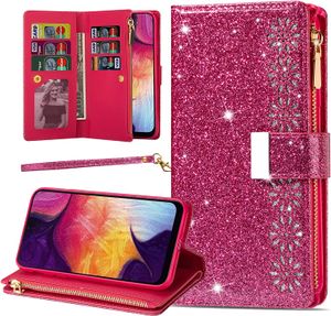 Bling Glitter Sparkly PU Fundas de teléfono con tapa de cuero para iPhone 14 11 12 13 Pro Max Xr Xs 7 8 con 9 Titular de la tarjeta Cubierta protectora magnética