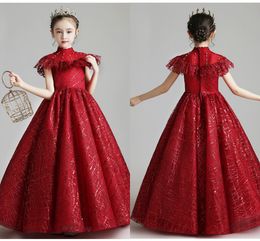 Bling Glitter Tule Juniors Prom Pageant Party Jurken Meisjes Hoge Hals Boho Korte Mouwen Kralen Crystal Flower Girl Dress Graduation