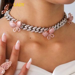 BLING ICED OUT 12 MM Breedte Hiphop Kleurrijke Regenboog CZ Cubaanse Link Chain Zirkoon Grote Butterfly Charm Choker Ketting voor Vrouwen