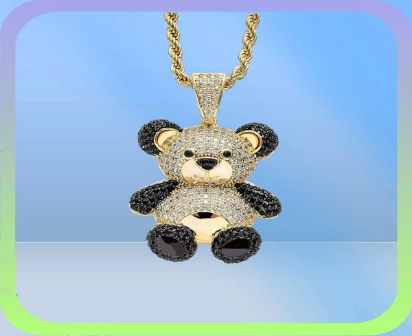 Bling glacé ours en peluche pendentif pavé plein cubique Zircon mode Hip Hop bijoux Panda collier pour femmes hommes cadeau X05099461390