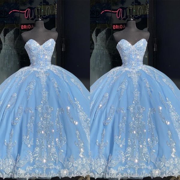 Bling Ivoire Paillettes Applique De Bal Quinceanera Robes Bleu Ciel Sans Bretelles Corset Dos Nu Princesse Robe Formelle Soirée Sweet263M