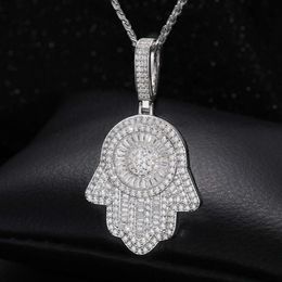 Bling luxe 925 en argent Sterling Baguette Vvs Moissanite diamant glacé Hamsa main pendentif collier pour bijoux cadeau