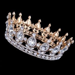 Bling Luxe Vintage Gouden Bruiloft Kroon Legering Bruids Tiara Barok Koningin Koning Kroon goud kleur strass tiara kroon Bruiloft Acce232c