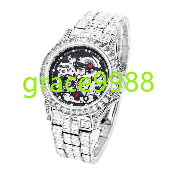 Bling mecánico helado para hombre bisel silver tester pase la cara grande frente a la costumbre con la caja del laboratorio de moissanite Grown Diamond Watch