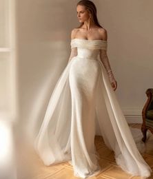 Bling sirena 2024 vestido de novia con tren desmontable lentejuelas fuera del hombro mangas mujeres vestidos de fiesta nupcial Vestidos De Noiva Renda Estilo Sereia