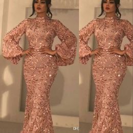 Bling zeemeermin avondjurken dragen Arabisch sexy hoge nek lange mouwen pailletten blush roze lovertjes plus size formele feestjurk prom jurken 403