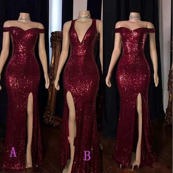 Mermaid de sirena Sexy Rose Gold Sequined Dresses SequIn Bury Dark Red Side Split Off Shouldo V Cuel Vestido de fiesta formal Vestidos de la noche