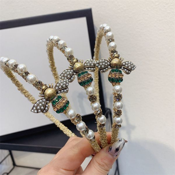 Diadema con perlas ostentosas, accesorios de cristal para el cabello de abeja para mujer, diademas de diseñador hechas a mano con diamantes de lujo, venta al por mayor, diademas con aro y lazo