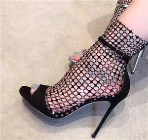 Bling Peep Toe Fashion Women Rhinestone Mesh Korte dunne laarzen uitgesneden ritssluiting met een hoge hak enkelschietjes 5