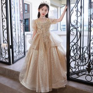 Bling Princess Flower Dress 2024 Nieuwe Champagne Tutu Girls Birthday Formal Party Kind Kinderkinderen Pageant Jurken First Holy Communion Troogs Baby Girl Girn 403