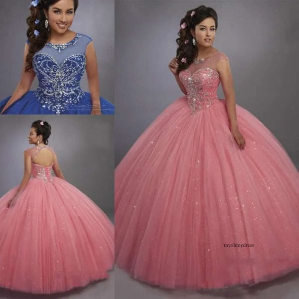 Bling quinceanera robes illusion scoop cou lace lacet vers le dos cristaux bleu sweet 15 robes de fête de fête de concours 0521