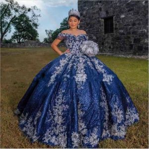 Bling Quinceanera -jurken Royal Blue Off Schouder Sier Lace Appliques Beading Sequins Train Sweet 16 Party prom jurk avondjurken 403