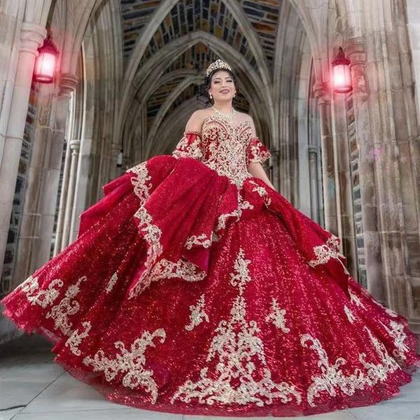 Bling Red Beaded Ball Gown Vestidos de quinceañera Sweetheart Neck Lace Appliqued Sweet 15 Prom Party Gowns255C