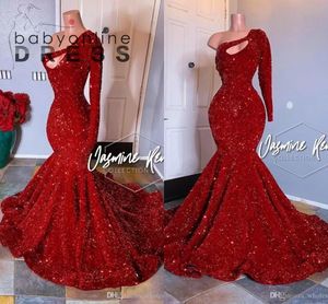 Bling Red Aghased Prom -jurken Vintage één schouder Lange mouw Ruches avondjurken Plus Maat Formele feestkleding BC3613