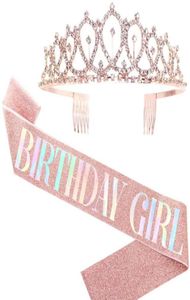 Bling Rhinestone Crystal Crown Tiara Birthday Anniversary Decoration Happy 18 21 30 40 50th Birthday Satin Sash Party Supplies Y022945913