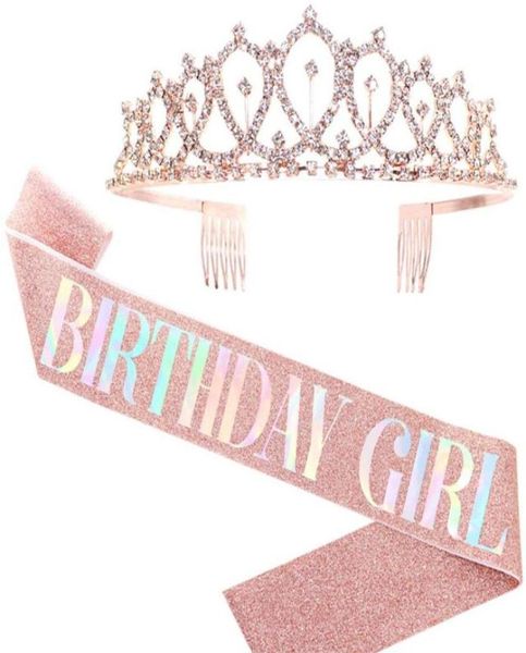 Bling Rhinestone Crystal Crown Tiara Birthday Anniversary Decoration Happy 18 21 30 40 50th Birthday Satin Sash Party Supplies Y028845752