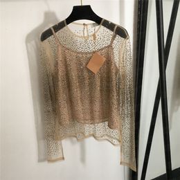 Bling strass maille T dessus de chemise avec gilet fronde vêtements de créateur pour femmes voir à travers des t-shirts à manches longues