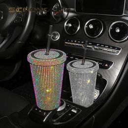 Taza de vaso de plástico con diamantes de imitación brillantes con tapa, botella de agua con pajita de diamante brillante, taza de café para coche, 450ml 240327