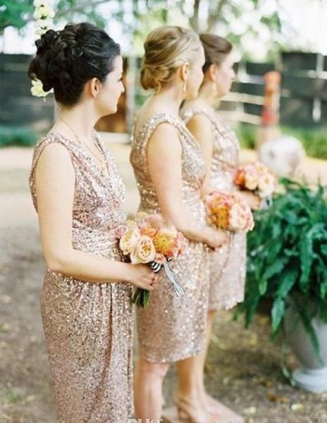 Bling Rose Gold Cheap Cheap 2019 Vestidos de dama de honor de manga corta Vestidos de dama de honor de la dama de la altura de boda de la playa sin rodilla.