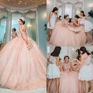 Bling rose roze trouwjurken hoge nek kralen koude schouder baljurk vestidos de quinceanera trouwjurk gasten corset back tule