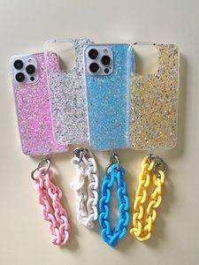 Bling Pailletten Cases Voor Iphone 15 Plus 14 Pro Max 13 12 11 XR XS X 8 7 6 luxe Meisjes Dame Vrouwen Folie Glitter Confetti Zachte TPU Telefoon Cover Skin Met Chian Band