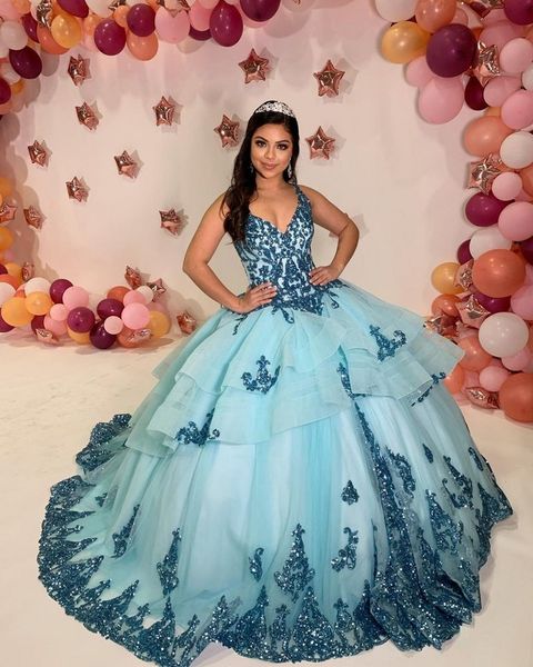 Bling paillettes bleu Quinceanera robes robe de bal bretelles col en V grande taille robes de soirée d'anniversaire doux 16 robe 15 ans robes de soirée de bal