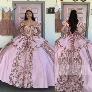 Bling sexy roségouden lovertjes kant quinceanera jurken baljurk uit schouder roze satijnen korset rug gelaagde zoete 16 tule feest prom avondjurken plus maat