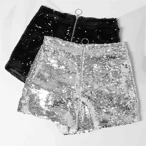 Bling Sexy Femmes Sequin Shorts Taille Haute O-Ring Zip Moulante Feminino Skinny Party Club Festival Raves Pole Dance 210611