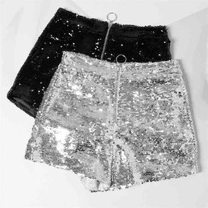 Bling Sexy Dames Sequin Shorts Hoge Taille O-Ring Zip Bodycon Feminino Skinny Party Club Festival Raves Pool Dance 210719