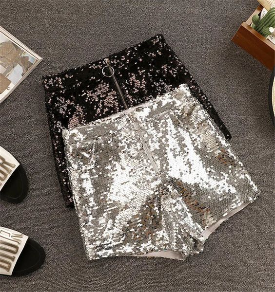 Bling Sexy Femmes Paillettes Shorts Taille Haute O-Ring Zip Moulante Shorts Feminino Skinny Party Club Festival Raves Pole Dance Shorts 240312