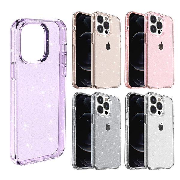 Ultimate Bling Estuches resistentes Hybrid TPU PC Glitter Powder Cubierta de armadura transparente a prueba de golpes para iPhone 15 14 13 12 11 Pro XR XS MAX X 8 7 6 Plus Samsung S20 S21 Plus S22 S23 Ultra