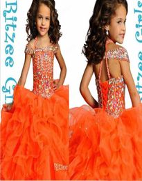 Bling Sparkly Kralen Oranje Ritzee Girl039s Optochtjurken Off-shoulder Tiers Organza Ruches Prinses Baljurken6541800