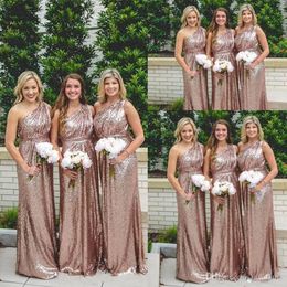 Bling Sparkly Bridesmeisje jurken Rose Gold-pailletten Nieuwe A-Line Prom-jurken One Shoulder Country Beach-feestjurken