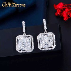 BLING Square Cut Cubic Zirconia Dames CZ Engagement Bruiloft Zilveren Dangle Drop Oorbellen Sieraden Gift CZ790 210714