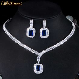 Bling Vierkante Drop Donkerblauw Kubieke Zirkoon Ketting en Oorbel Partij Sieraden Set voor Bruiloft Bruiden T507 210714